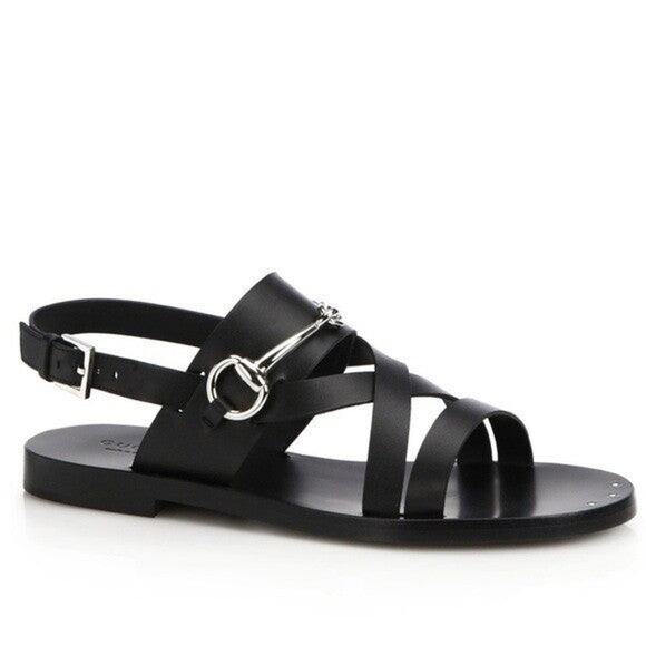 Gucci Juliette Black Leather Horsebit Open Toe Flat Sandals - 39 - Picture 1 of 3